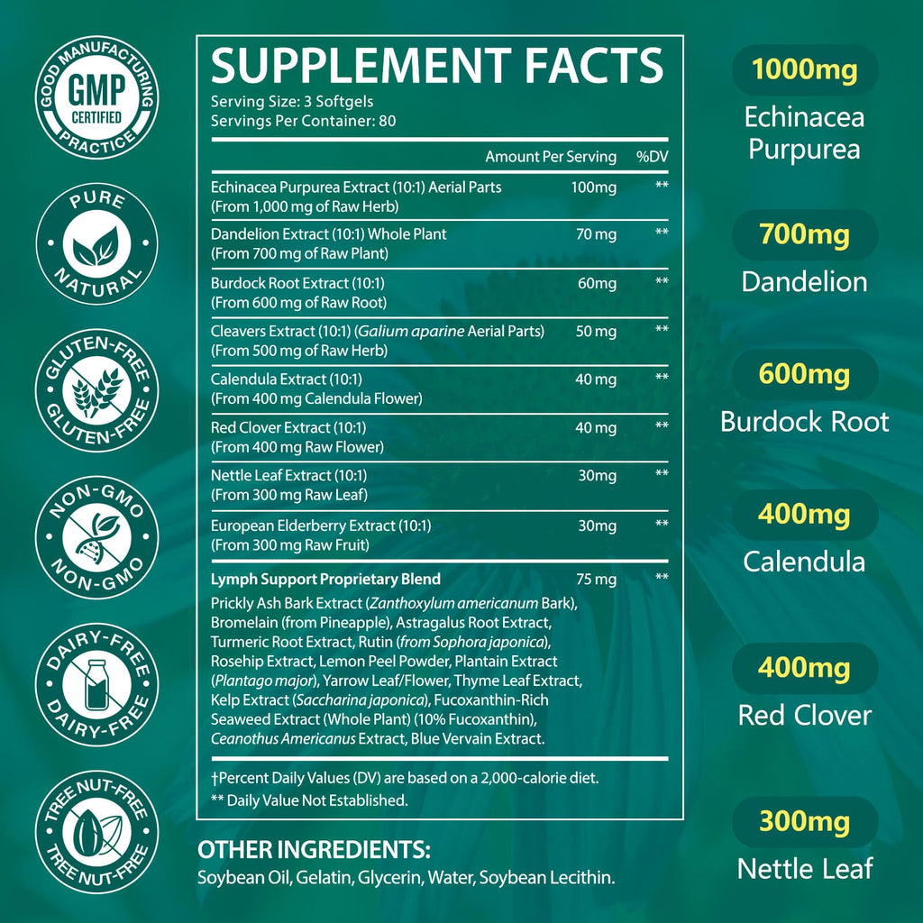 ISUNRISE Lymphatic Drainage Supplements 4275mg 21-in-1 Herbal Blend with Echinacea, Dandelion & Burdock Root, Promotes Healthy Circulation & Immune System Support, 240 Softgels ISUNRISE buy supplements Au