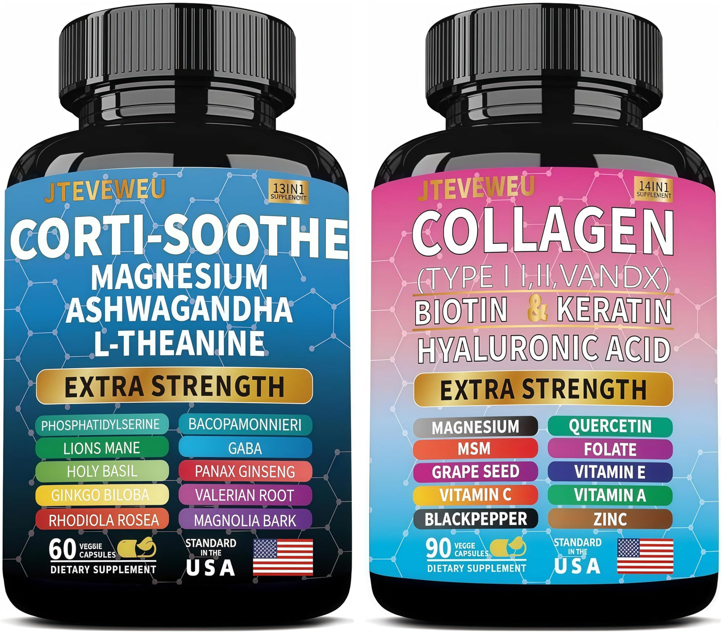 Two supplement bottles labeled 'Corti-Soothe' and 'Collagen' on a white background.