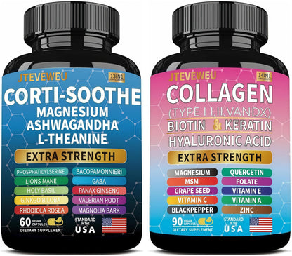 Two supplement bottles labeled 'Corti-Soothe' and 'Collagen' on a white background.