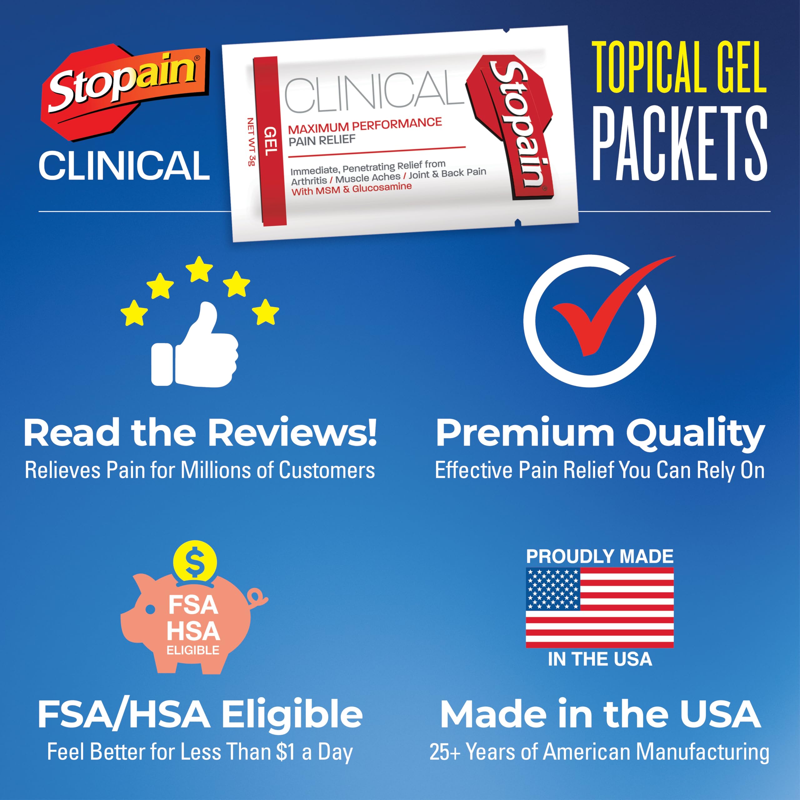 Stopain Pain Relief Clinical Gel Packets, 50 Pack, Made in USA, Maximum Performance Pain Relief with 10% Menthol Plus Glucosamine for Muscle Aches, Joint Pain, and Arthritis StopainBuy Supplements Australia