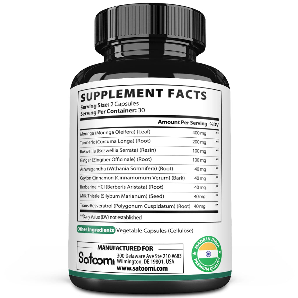 Satoomi 9in1 Moringa Capsules - Featuring Moringa, Turmeric, Boswellia, Ginger, Ashwagandha, Ceylon Cinnamon and Milk Thistle, and Resveratrol | Support Mood, Heart & Overall Health - 60 Count Satoomi buy supplements Au