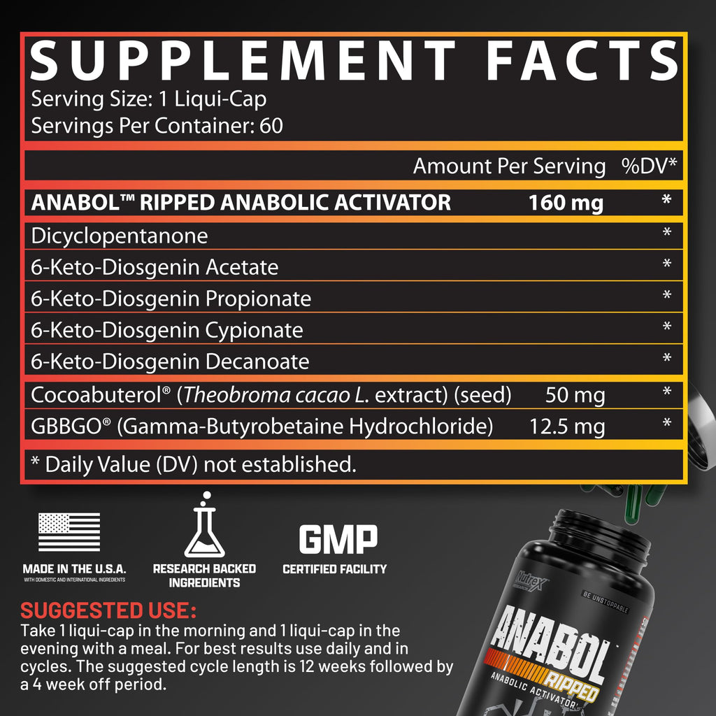 Nutrex Research Anabol Ripped Anabolic Muscle Builder for Men, 2-in-1 Muscle Builder and Shredding Supplement, (60 Count)