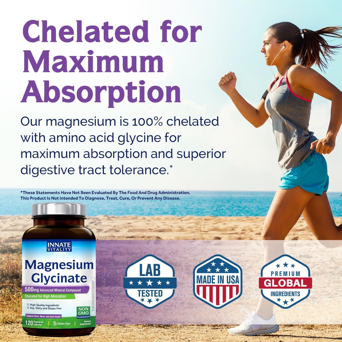 Innate Vitality Magnesium Glycinate 500mg | 70mg Elemental Magnesium Supplement - High Absorption, Non Buffered, Non-GMO & No Gluten - Vegan - Nerve Health - 120 Capsules (Pack of 1) Innate VitalityBuy Supplements Australia