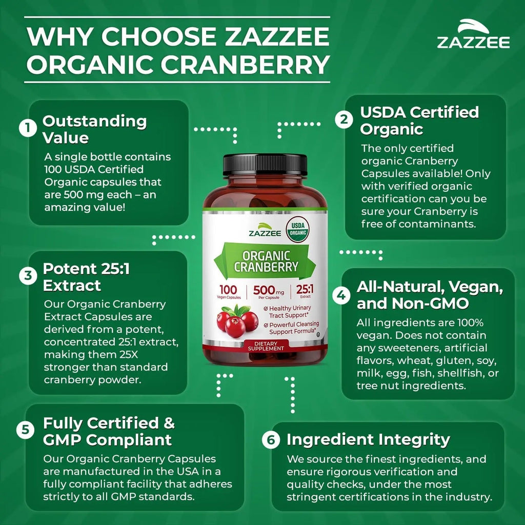 Zazzee USDA Organic Cranberry 25:1 Extract, 500 mg per Capsule, 100 Vegan Capsules, 3+ Month Supply, Certified Kosher, Vaccinium Macrocarpon, Urinary Tract & Bladder Support, Non-GMO, Made in the USA ZazzeeBuy Supplements Australia