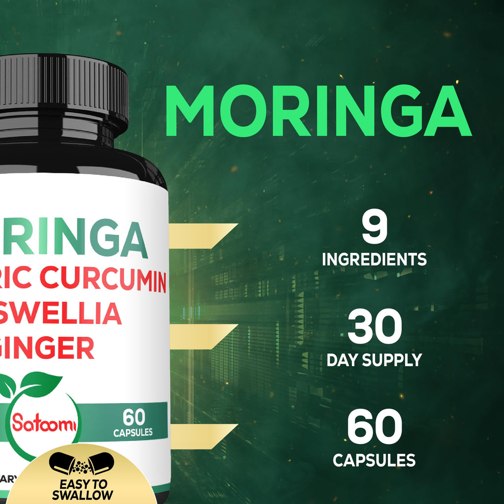 Satoomi 9in1 Moringa Capsules - Featuring Moringa, Turmeric, Boswellia, Ginger, Ashwagandha, Ceylon Cinnamon and Milk Thistle, and Resveratrol | Support Mood, Heart & Overall Health - 60 Count Satoomi buy supplements Au