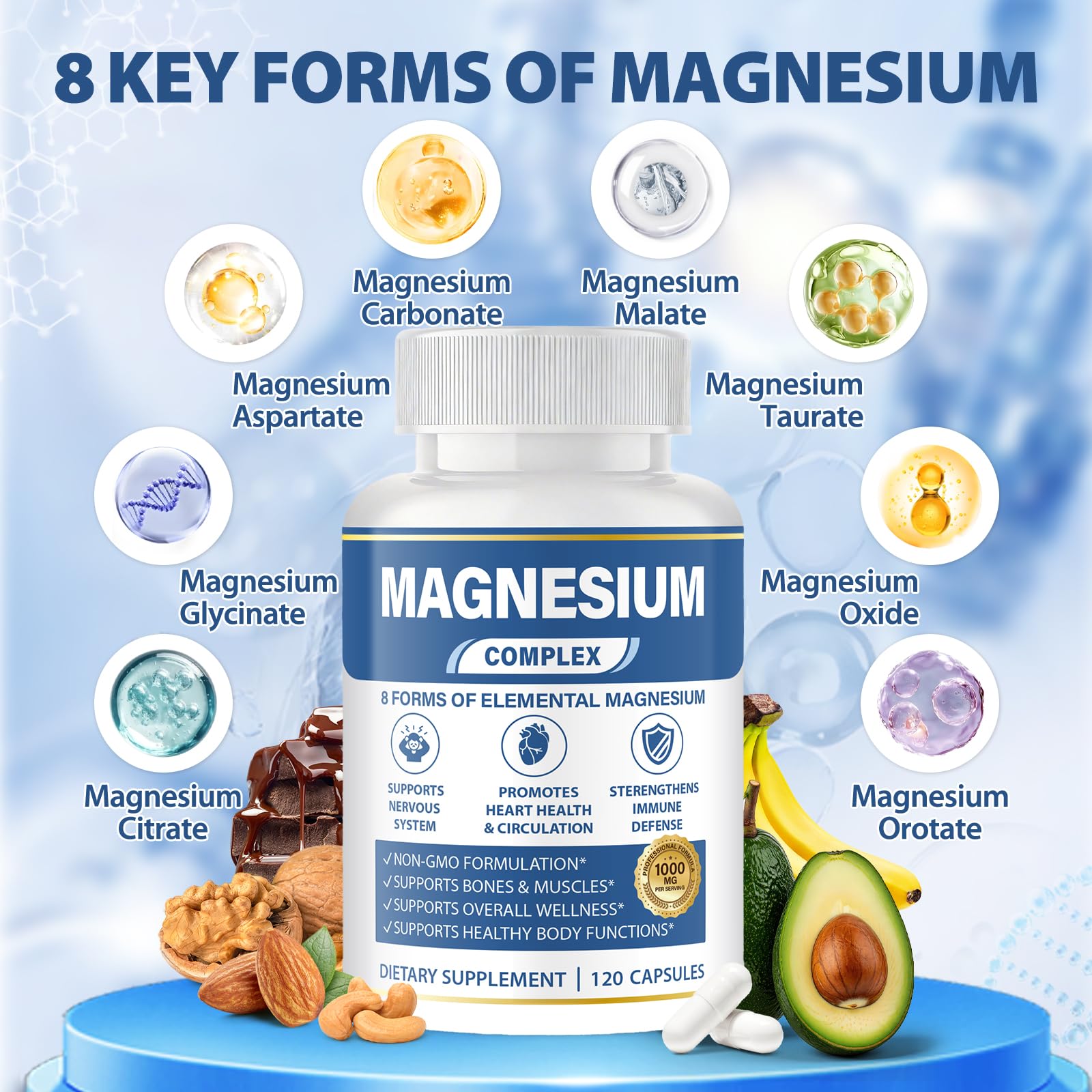 1000mg Magnesium Complex 8 in 1 for Women & Men – Magnesium Glycinate, Citrate, Malate, Taurate, Oxide, Carbonate, Aspartate, Orotate – Vegan Non-GMO, for Sleep, Fatigue & Heart Health, 120 Capsules BOSNETHUINH buy supplements Au