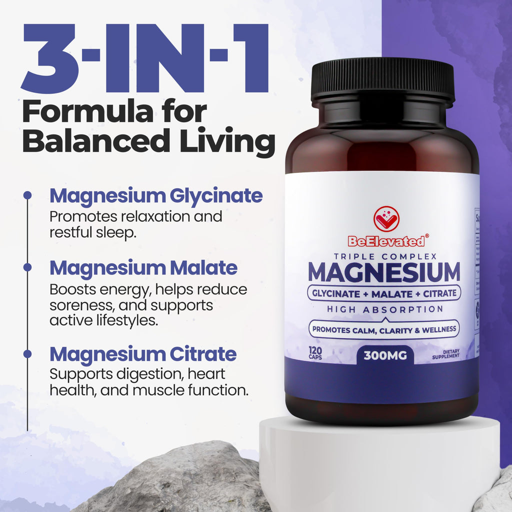 BeElevated High Absorption Triple Magnesium Complex for Sleep, Relaxation & Muscle Support – 300mg of Magnesium Glycinate, Citrate & Malate – Gentle on Stomach – Non-GMO, Vegan – 120 Capsules BeElevated buy supplements Au