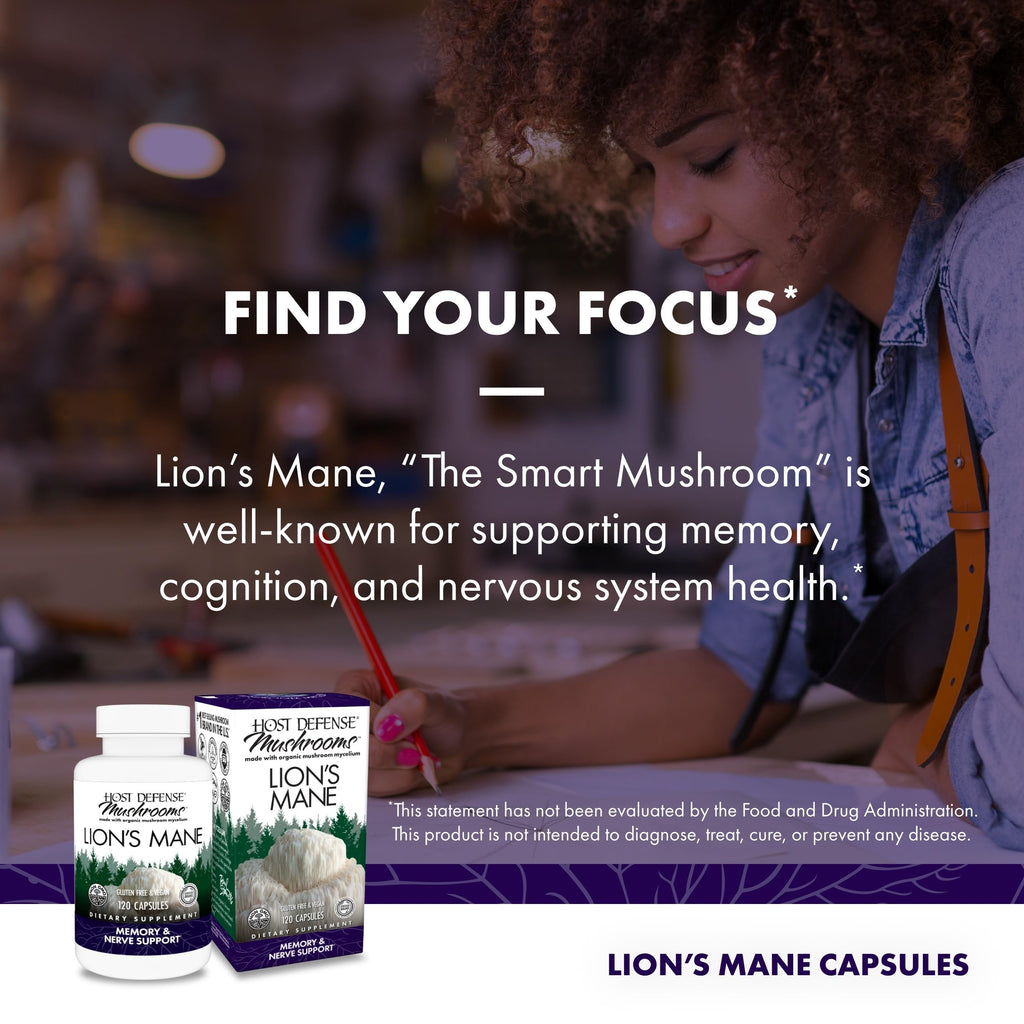 Host Defense Mushrooms Lion's Mane - Supplement Capsules for Brain Health Support - Mushroom Support for Focus & Memory Function