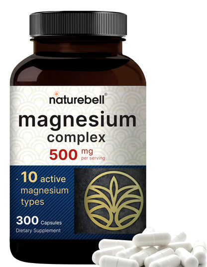 Naturebell magnesium complex supplement bottle with capsules on a white background