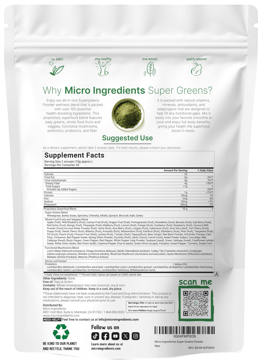 Micro Ingredients Super Greens Powder, 1lb | 100 Superfood Blend with Daily Greens, Probiotics, Fruits, Vegetables & Mushrooms | Source of Vegan Protein & Enzymes