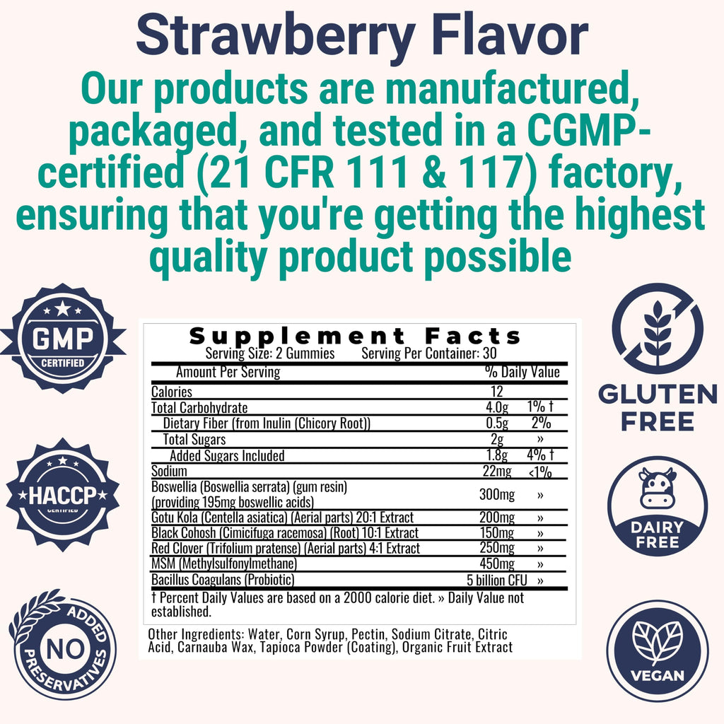 Boswellia Serrata Black Cohosh Gotu Kola Red Clover Extract Complex Gummies w. Probiotic Fiber (Chicory Root Inulin) MSM Methylsulfonylmethane, Supplement Alt for Organic Powder Capsules Tincture SHIZAMBuy Supplements Australia