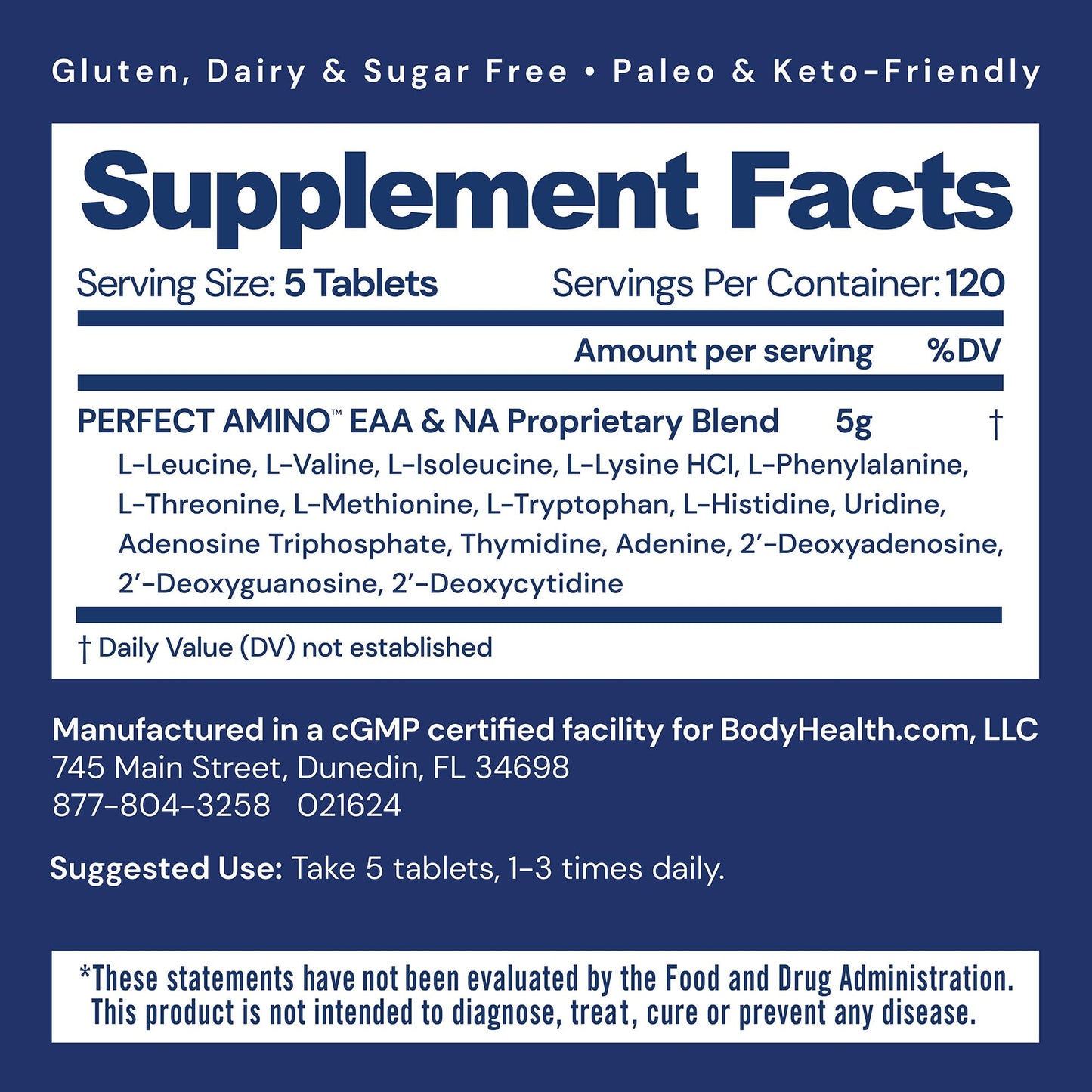 BodyHealth PerfectAmino, Essential Amino Acid with BCAAs + Lysine, Phenylalanine, Threonine, Methionine, Tryptophan, Supplement for Muscle Mass Production,