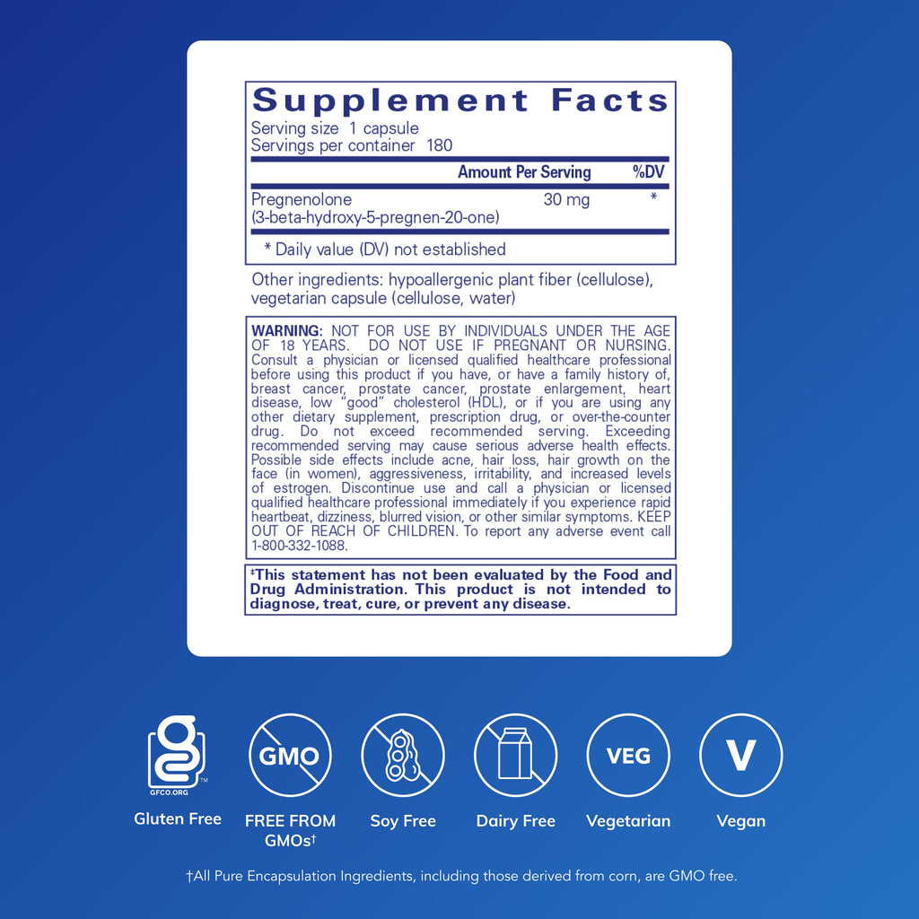Pure Encapsulations Pregnenolone - 30 mg - Hormone Support - Memory Support - Gluten Free & Vegan - 180 Capsules