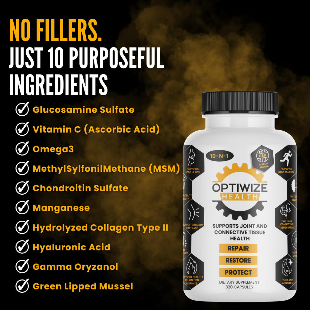 OptiWize 10-N-1 Joint Support Hydrolyzed Collagen,MSM, Hyaluronic Acid, Glucosamine,Chondroitin & More- Targets Joint Discomfort, Improves Mobility & Flexibility 320 Caps for Men & Women Made in USA OptiWizeBuy Supplements Australia