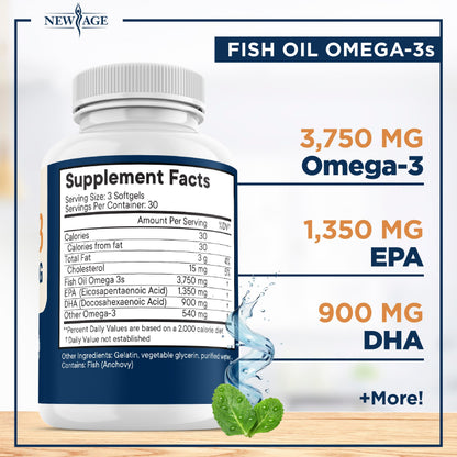 Triple Strength Omega 3 Fish Oil 3750 mg - EPA & DHA - Over 3000mg Omega-3 Fatty Acids - 1350mg EPA + 900mg DHA - Best Essential Fatty Acids, Burpless Fish Oil - 180 Count NEW AGE buy supplements Au