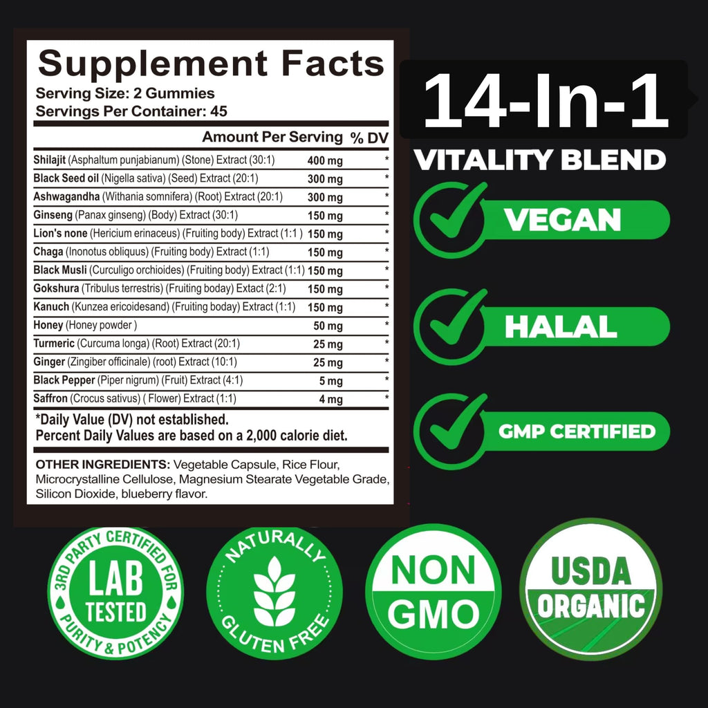 AyBet Organic Himalayan Shilajit Gold Gummies for Men and Women, Black Seed Oil, Ashwagandha, Ginseng, Turmeric, Gokshura, Lion's None, Lab Tested,%75 Fulvic Acid, No Sugar Added, Halal, 90Gummy AyBetBuy Supplements Australia