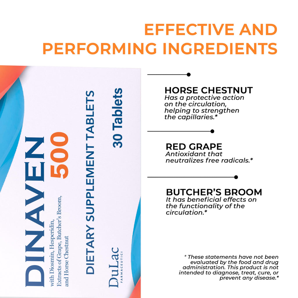Dulac Dinaven 500, Micronized Diosmin Hesperidin Dietary Supplement 1000mg per serving, Horse Chestnut Extract, Butcher’s Broom & Red Grape Extract, Leg Circulation Support, 30 Tablets, Made in Italy DULÀC FARMACEUTICI 1982Buy Supplements Australia