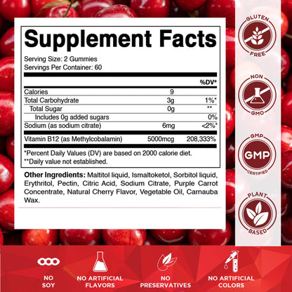 Vitamatic Extra Strength Vitamin B12 5000 mcg (Methyl B12) Gummies - 120 Count - Energy Metabolism Support and Nervous