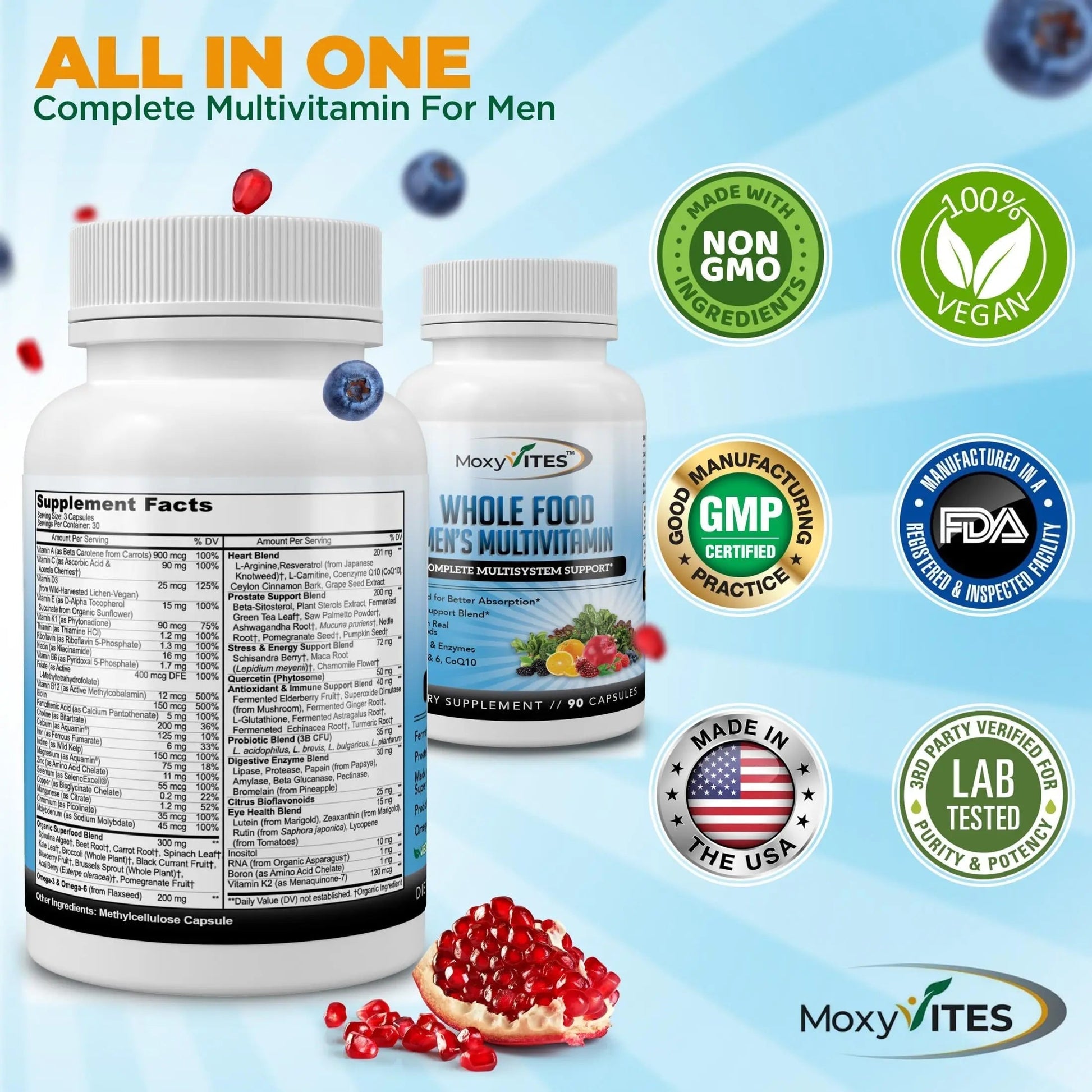 Methylated Mens Multivitamins - Daily Mens Vitamins with 44 Organic Whole Food - Multivitamin for Men with Iron & Fermented Nutrients MoxyVites