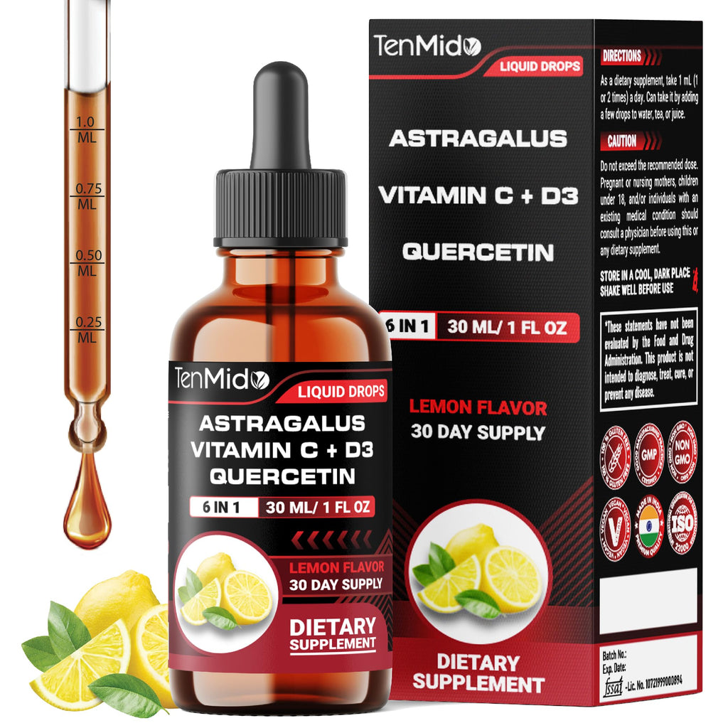 Tenmido 6-in-1 Astragalus Root Tincture - Herbal Extract Supplements with Quercetin, Rhodiola Rosea, Vitamin D3, Vitamin C, and Zinc - Vegan, Non-GMO - 30ml 1 Fl Oz TenmidoBuy Supplements Australia
