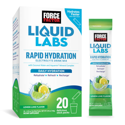 Force Factor Liquid Labs Electrolytes Powder Packets—Lemon Lime—Hydration Packets to Make Electrolyte Water with 5 Essential Electrolytes, Vitamins, Minerals