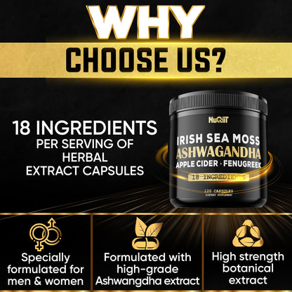 NUQIIT Organic Ashwangdha Capsules 15000mg Irish Sea Moss Apple Cider Vinegar & More - Support Brain Health, Strength & Immune System - 120 Vegan Capsules NUQIIT buy supplements Au
