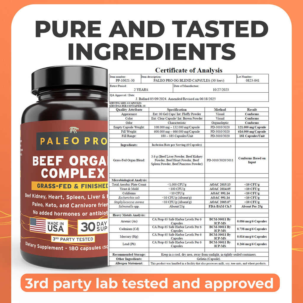 Paleo Pro O.G. Blend Premium Beef Organs Capsules, Kidney, Heart, Liver, Spleen and Pancreas from Grass Fed & Pastured Cows, Dietary Supplement, No GMO, 180 Capsules (Beef Organ Complex) Paleo ProBuy Supplements Australia