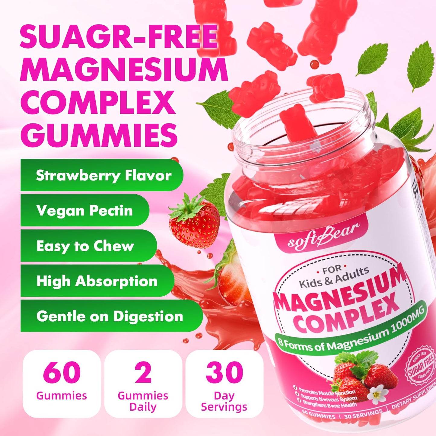 softbear Magnesium Complex Gummies for Women & Men & Kids, 8 in 1 Magnesium Complex Supplement 1000mg-Magnesium Glycinate,Citrate,Malate Supports Calm, Zzz, Muscle Cramp, Strawberry Flavor 120 Count softbear buy supplements Au