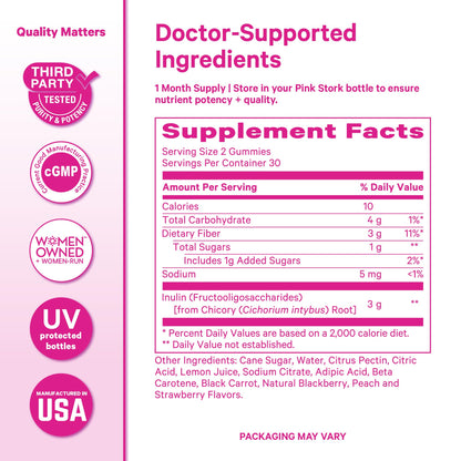 Pink Stork Prenatal Fiber Gummies for Women - 3g Prebiotic Inulin from Chicory Root - Natural Pregnancy & Postpartum Stool Softeners