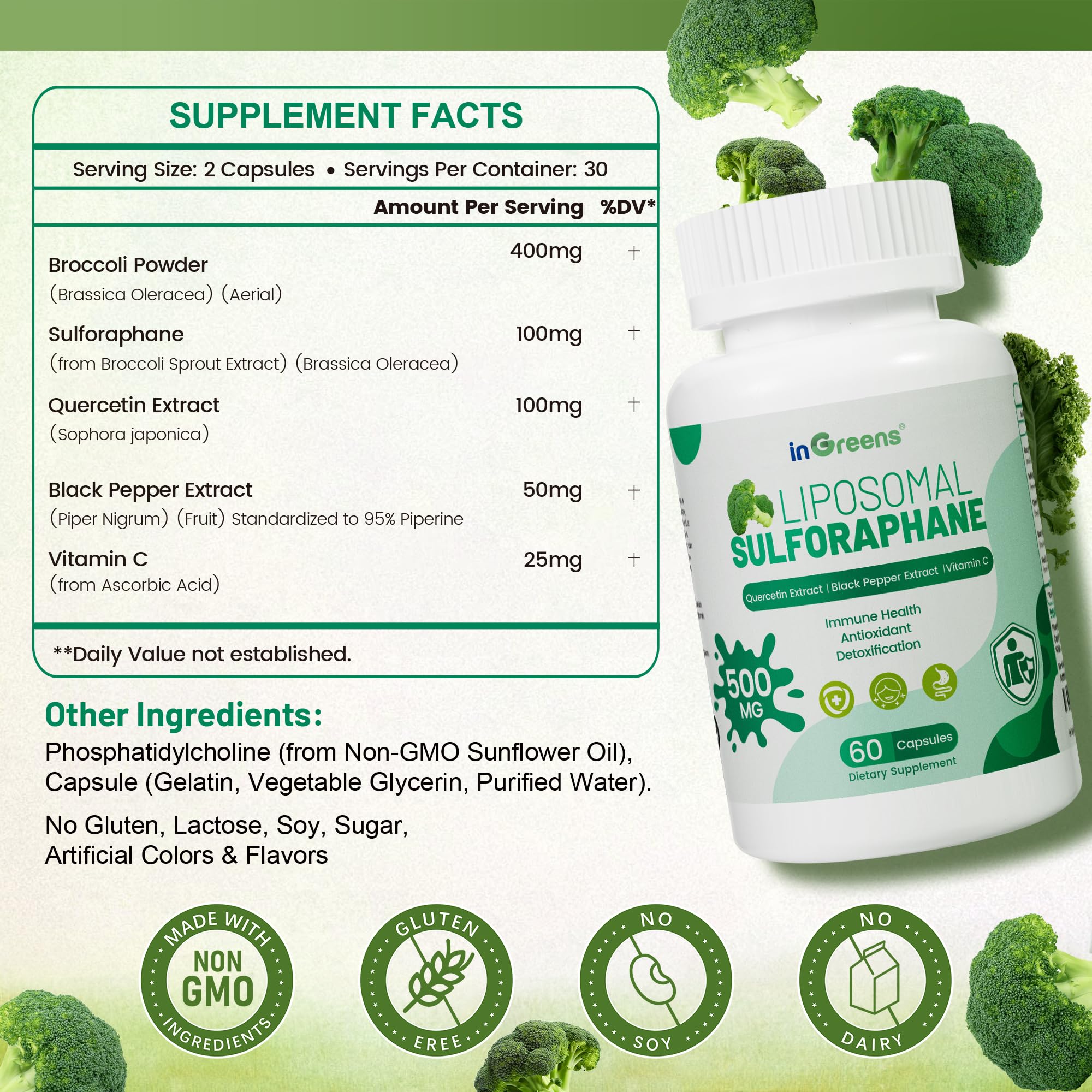 Liposomal Sulforaphane 500mg Supplement from Broccoli Extract with Quercetin, Black Pepper & Vitamin C – Antioxidant, Detox & Cellular Support, Cellular Health Formula for Men & Women, 60 Capsules inGreensBuy Supplements Australia