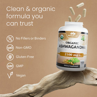 NaturaLife Labs Organic Ashwagandha 2100 mg per Serving – Herbal Supplement Root Powder & Extract – 100 Capsules – Vegan, Non-GMO, Gluten-Free