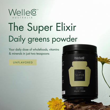 WelleCo The Super Elixir, Daily Greens Powder with Probiotics, Superfoods & Whole Foods, Unflavored Drink Mix for Gut Health, Immunity, Energy, Skin & Hair, 10.5oz Jar WelleCo buy supplements Au