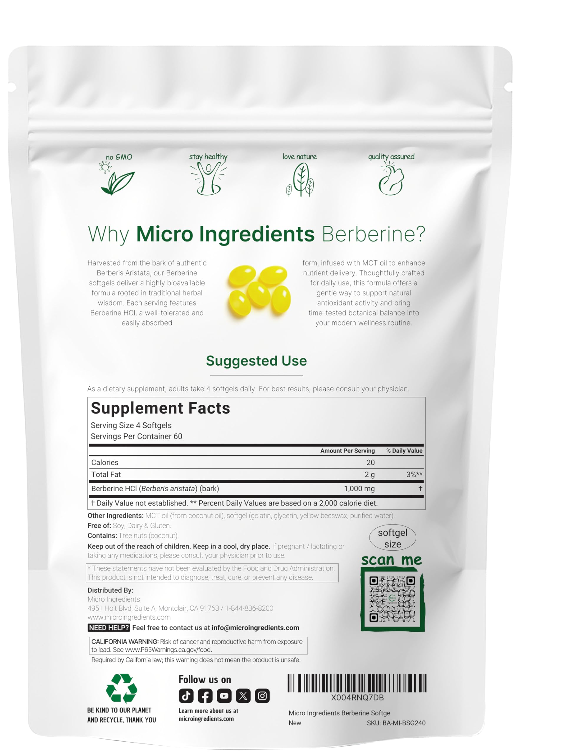 Micro Ingredients 1000mg with MCT Oil, 240 Softgels | Highly Bioavailable Formula with Berberine HCI from Aristata