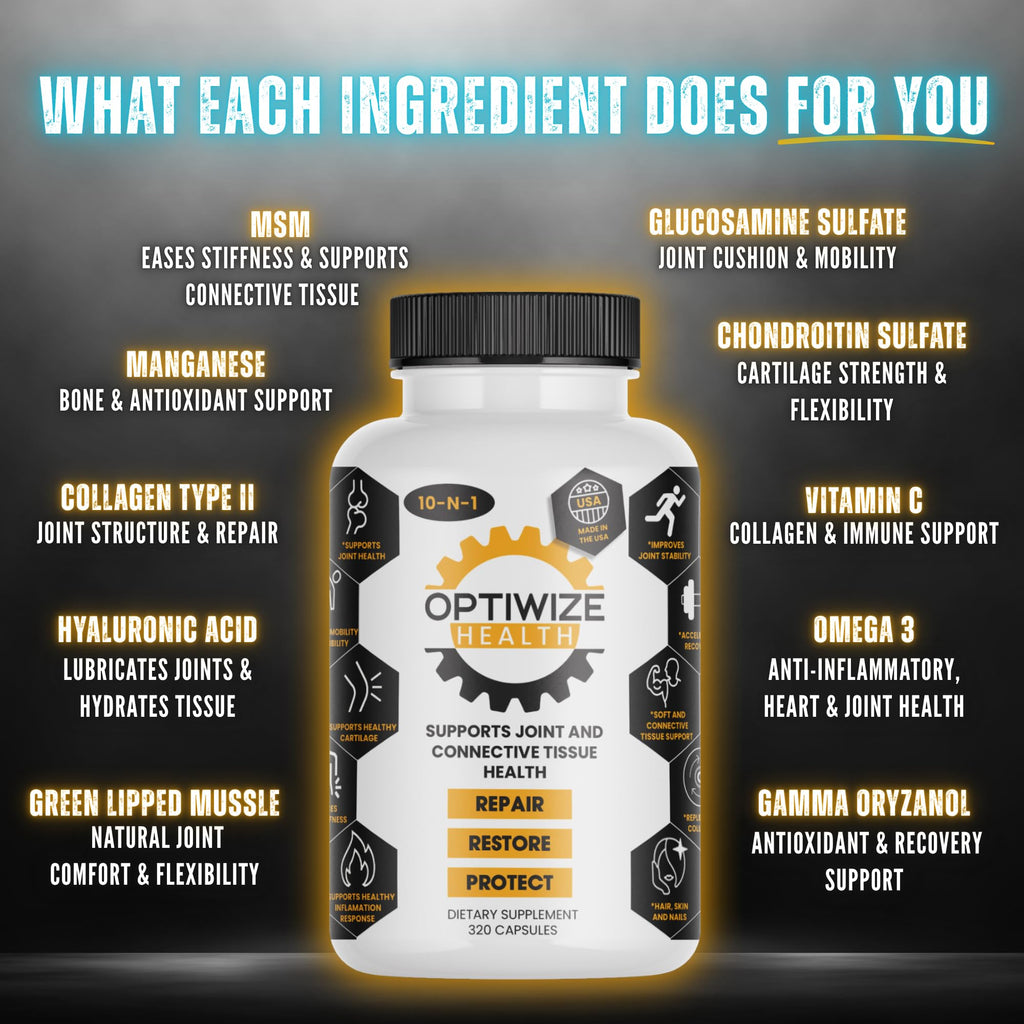 OptiWize 10-N-1 Joint Support Hydrolyzed Collagen,MSM, Hyaluronic Acid, Glucosamine,Chondroitin & More- Targets Joint Discomfort, Improves Mobility & Flexibility 320 Caps for Men & Women Made in USA OptiWizeBuy Supplements Australia