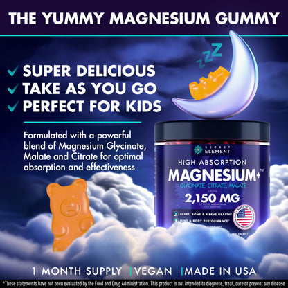 Secret Element Magnesium Glycinate 2150MG Gummies for Women and Men, High Absorption Magnesium Glycinate, Citrate, Malate Gummies for Adults & Kids, Sleep Support, Sugar Free, Vegan, 60 Chews, Orange Secret Element buy supplements Au