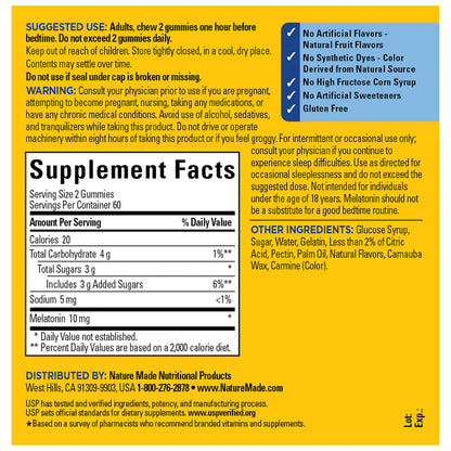 Nature Made Melatonin 10 mg per serving Gummies, Sleep Gummies for Adults Maximum Strength Dosage, 100% Drug Free Sleep Aid
