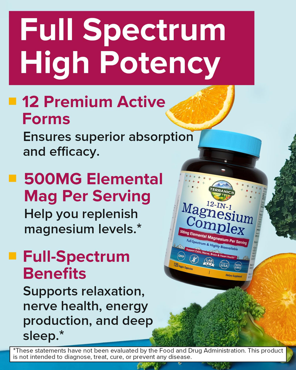 Terranics 12-in-1 Magnesium Complex 500mg, High Absorption Chelated Magnesium Glycinate, Citrate, Malate, Taurate, Orotate & More, for Sleep, Calm, Energy, Heart, Vegan, Non-GMO,120 Capsules Terranics buy supplements Au