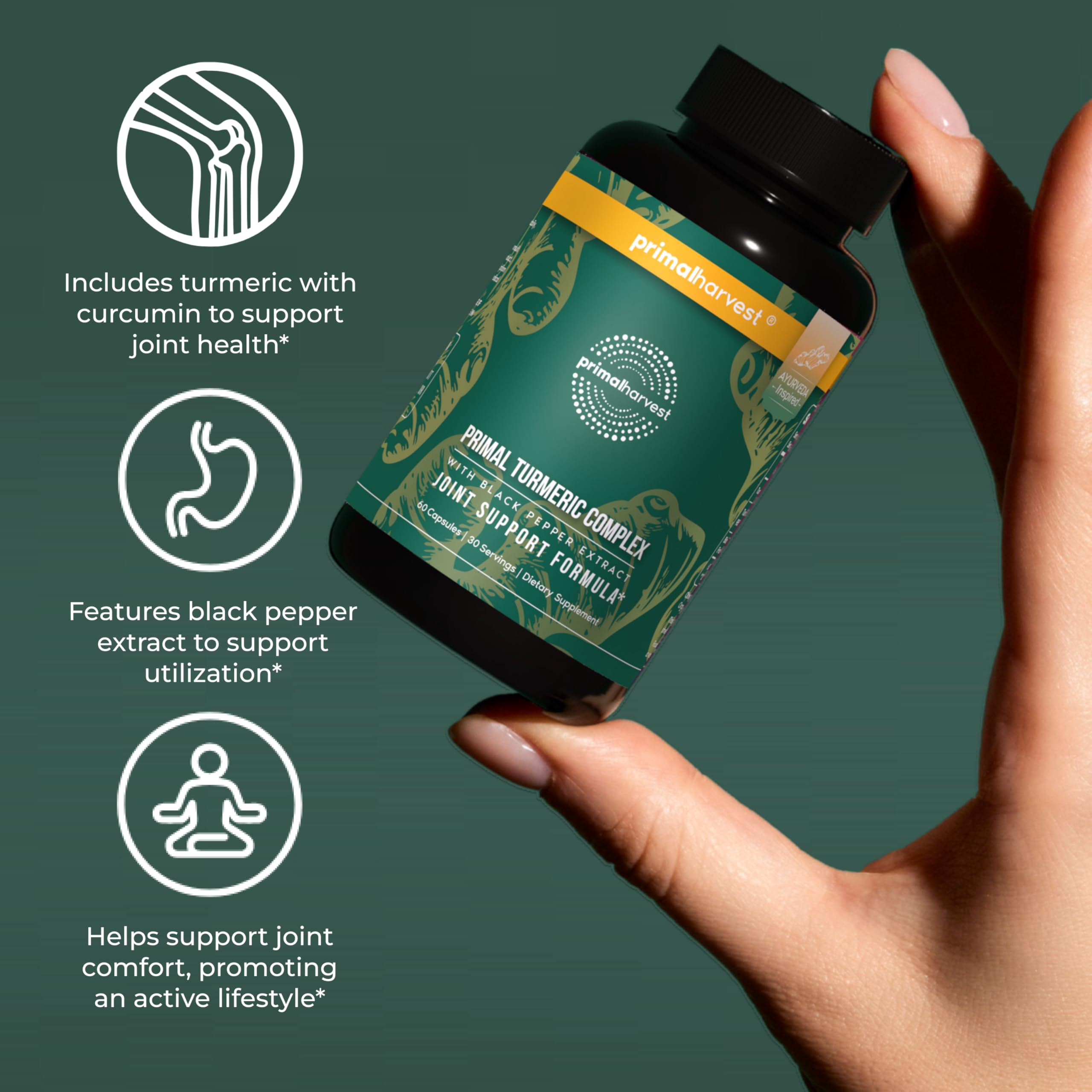 Primal Harvest 1 Pack, Primal Turmeric Complex w/Black Pepper Extract, Joint and Mobility Support Turmeric Supplement for Women & Men, 60 Capsules Primal HarvestBuy Supplements Australia