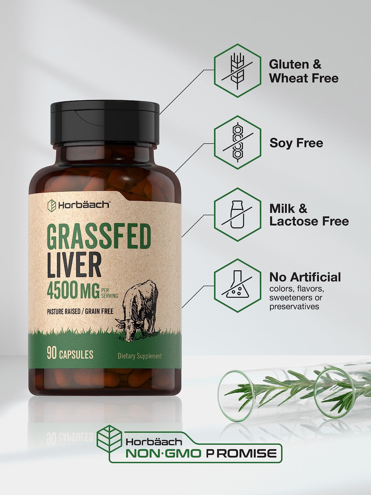 Horbäach Grass Fed Beef Liver | 4500mg | 90 Capsules | Desiccated, Pasture Raised, Grain Free, Non-GMO Supplement