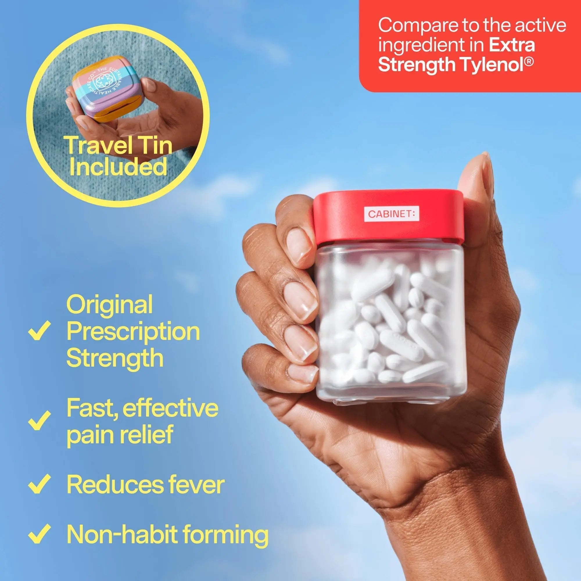 Cabinet: 500mg Acetaminophen for Headache Relief, Toothaches, Sore Throat, and Fever Reducer, Includes 1 Refillable Medicine Jar, 120 Tablets Refillable Glass Jar - w/Travel Tin Cabinet:Buy Supplements Australia