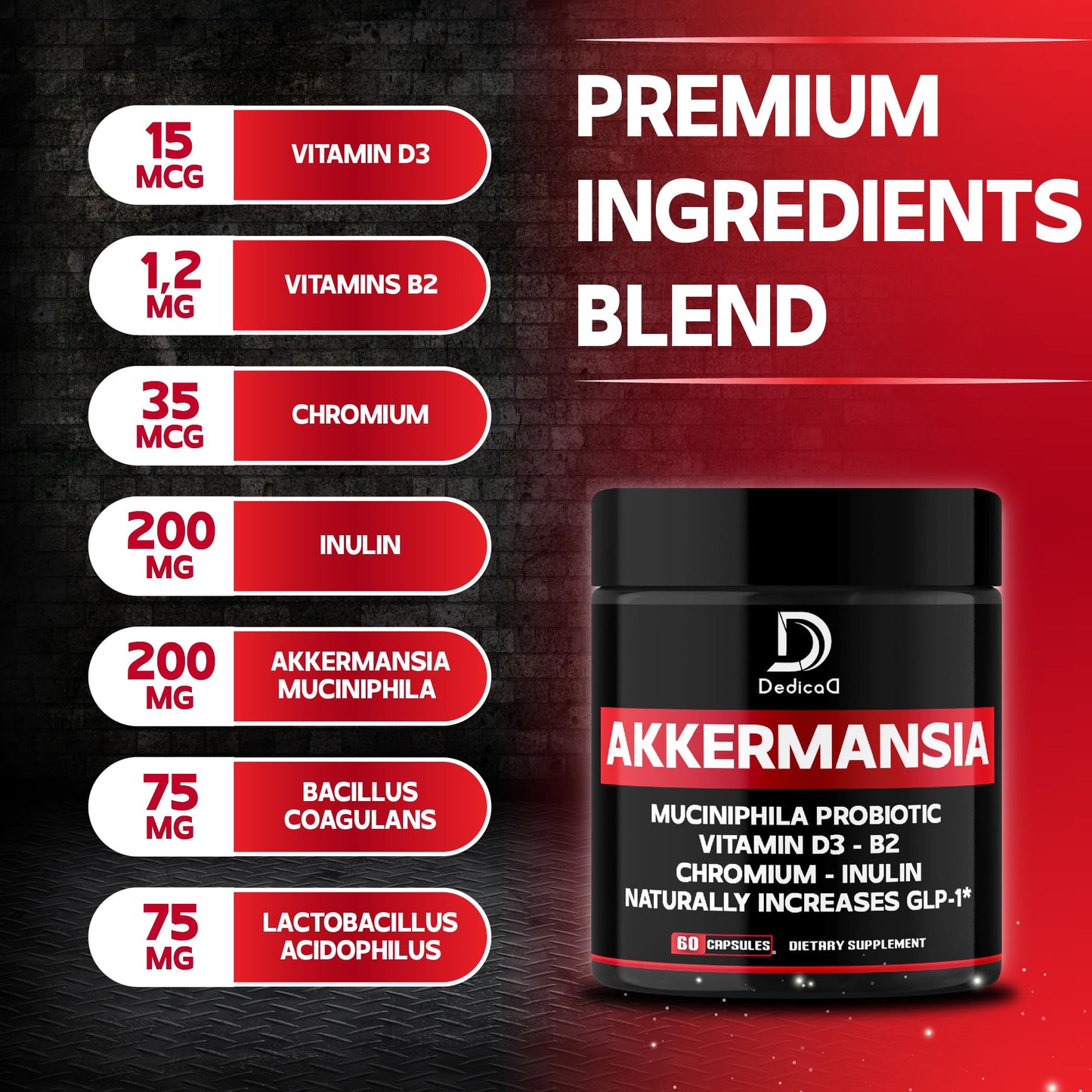 DEDICAD Akkermansia Probiotic for Increases GLP-1 - Contains Inulin, Bacillus Coagulans, Lactobacillus Acidophilus & Chromium - 60 Days Supply - 60 Capsules DEDICAD buy supplements Au
