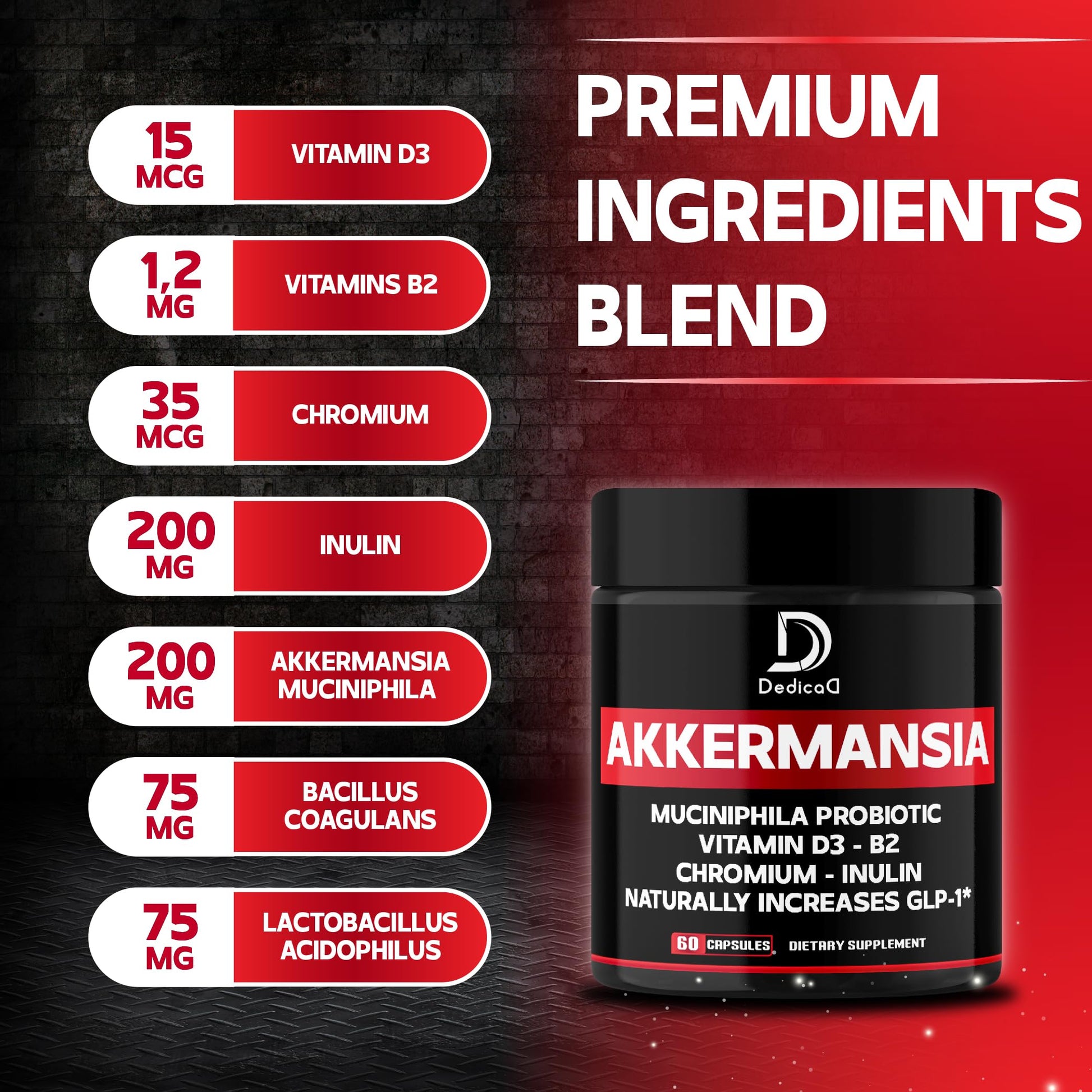 DEDICAD Akkermansia Probiotic for Increases GLP-1 - Contains Inulin, Bacillus Coagulans, Lactobacillus Acidophilus & Chromium - 60 Days Supply - 60 Capsules DEDICAD buy supplements Au