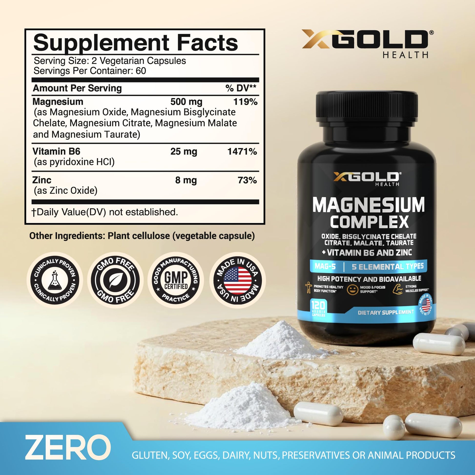 X Gold Health Magnesium Complex 5-in-1 with Zinc & B6 High Absorption Capsules (Glycinate, Citrate, Malate, Taurate, Oxide) Muscle Recovery, Energy, Sleep Support & Immune Health 500mg Made in USA X Gold Health buy supplements Au