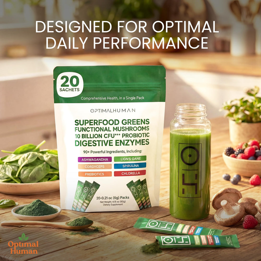 Optimal Human Superfood Greens Powder – 90+ Ingredient Blend with Lion’s Mane Supplement, Ashwagandha & Turmeric – Non-GMO, Soy-Free, Mushroom Supplements for Women – 20 Sachets O HBuy Supplements Australia