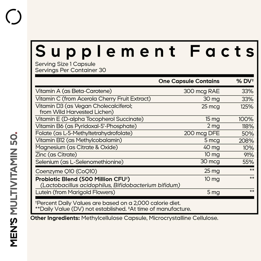Codeage Men's Multivitamin 50 - Essential Vitamins & Minerals for Men Over 50 - Daily Multivitamins for Men Supplement - Vitamin A, C, D3, E, B6, B1, CoQ10, Probiotics, Lutein - Non-GMO - 30 Capsules CodeageBuy Supplements Australia