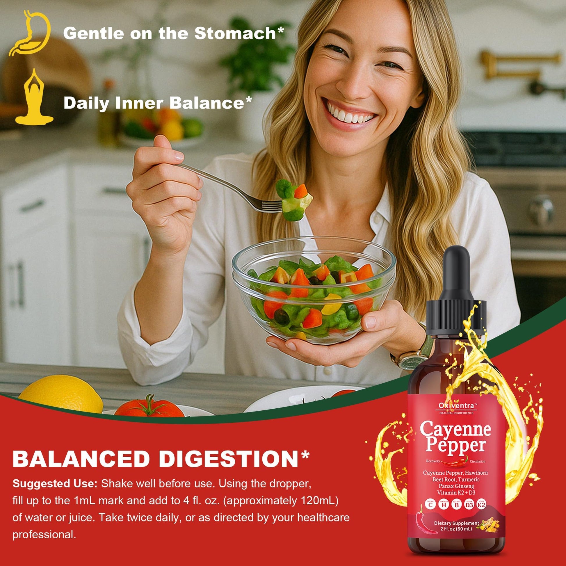 Cayenne Pepper Drops Liquid Supplement Smooth & Sweet Herbal Liquid + Hawthorn Berry, Vitamin D3 K2 Beet Root Powder, Ceylon Cinnamon, Turmeric Curcumin, Organic Panax Ginseng - 2fl oz Oxiventra buy supplements Au