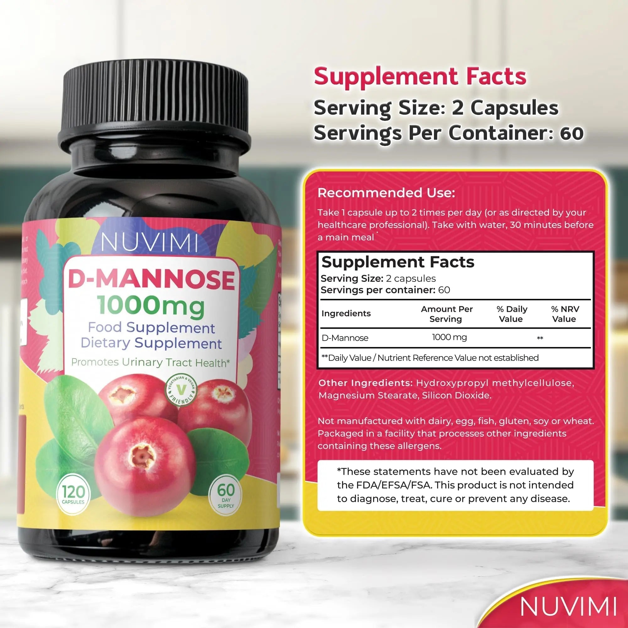NUVIMI D Mannose 120 Capsules - 1000 mg per Dose - Dietary Supplement Helps Promote Urinary Tract Health - Natural Vegan UTI Defense NUVIMIBuy Supplements Australia