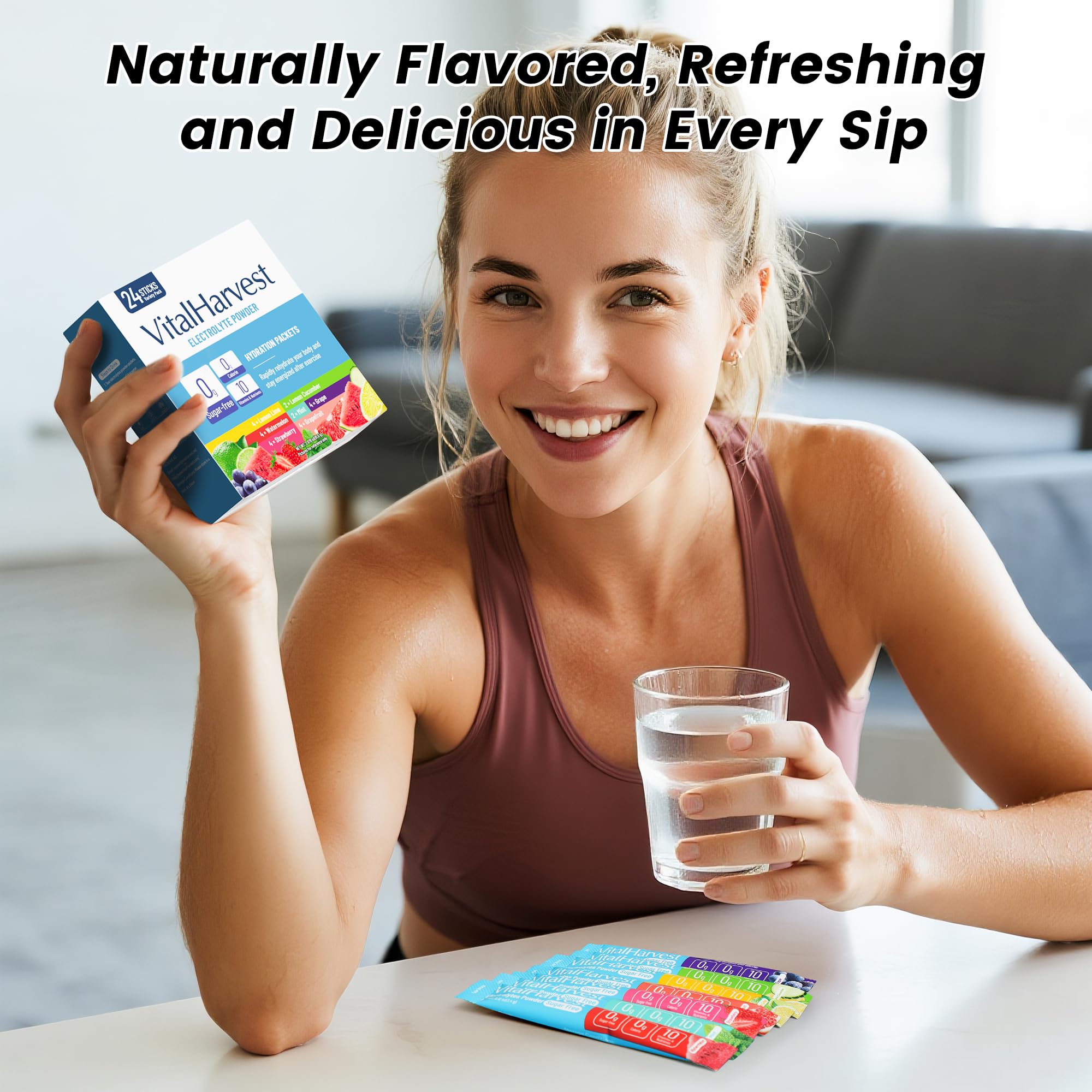24 Sticks Electrolytes Powder Packets 7 Flavors Sugar Free Hydration Packets Liquid Daily IV Drink Mix, Low Sodium, Lemon Lime, Watermelon, Strawberry, Grape