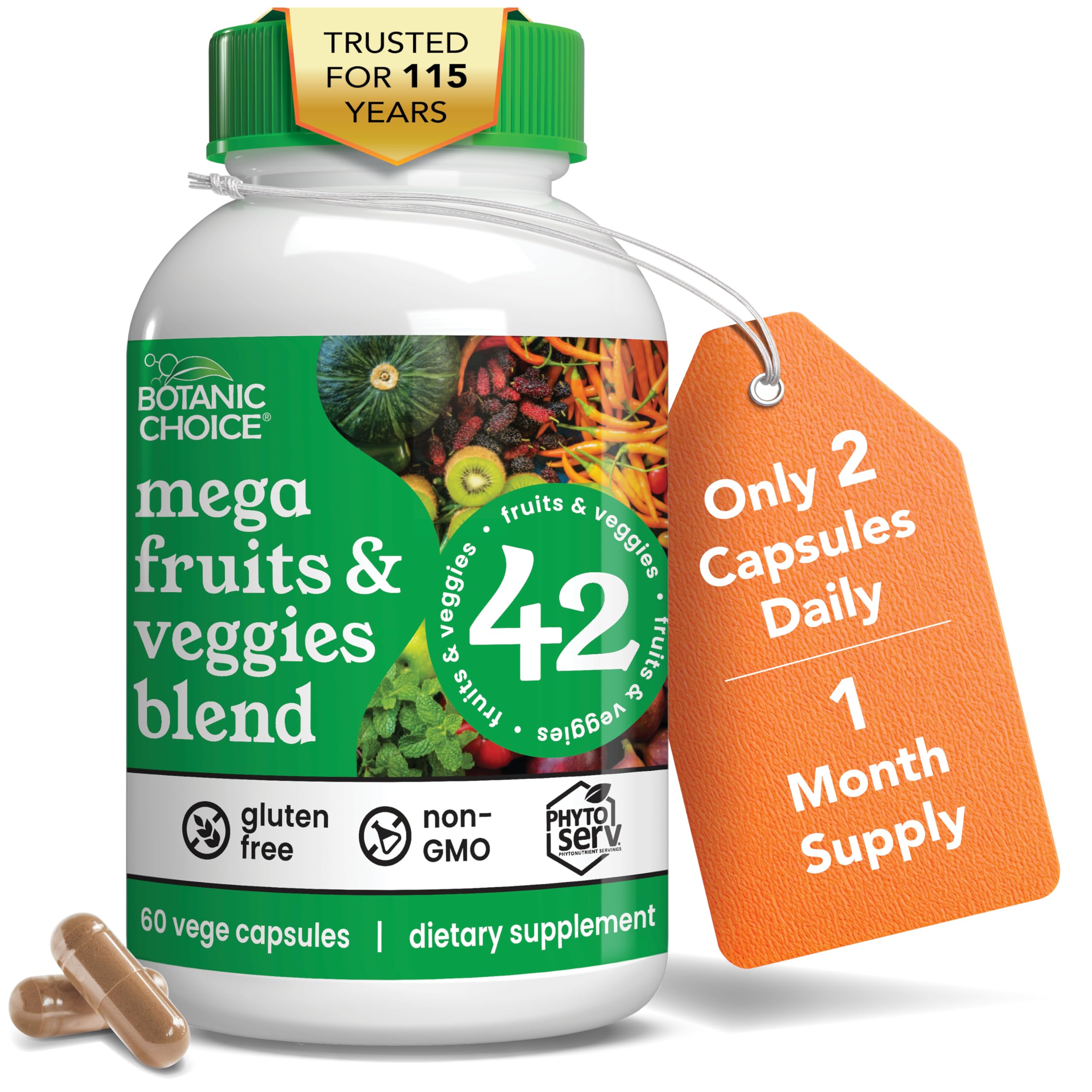 Botanic Choice Since 1910 - Mega Fruits & Veggies Blend - 42 Fruits and Vegetables - 2 Caps Daily - 60 Count Supplement Botanic ChoiceBuy Supplements Australia