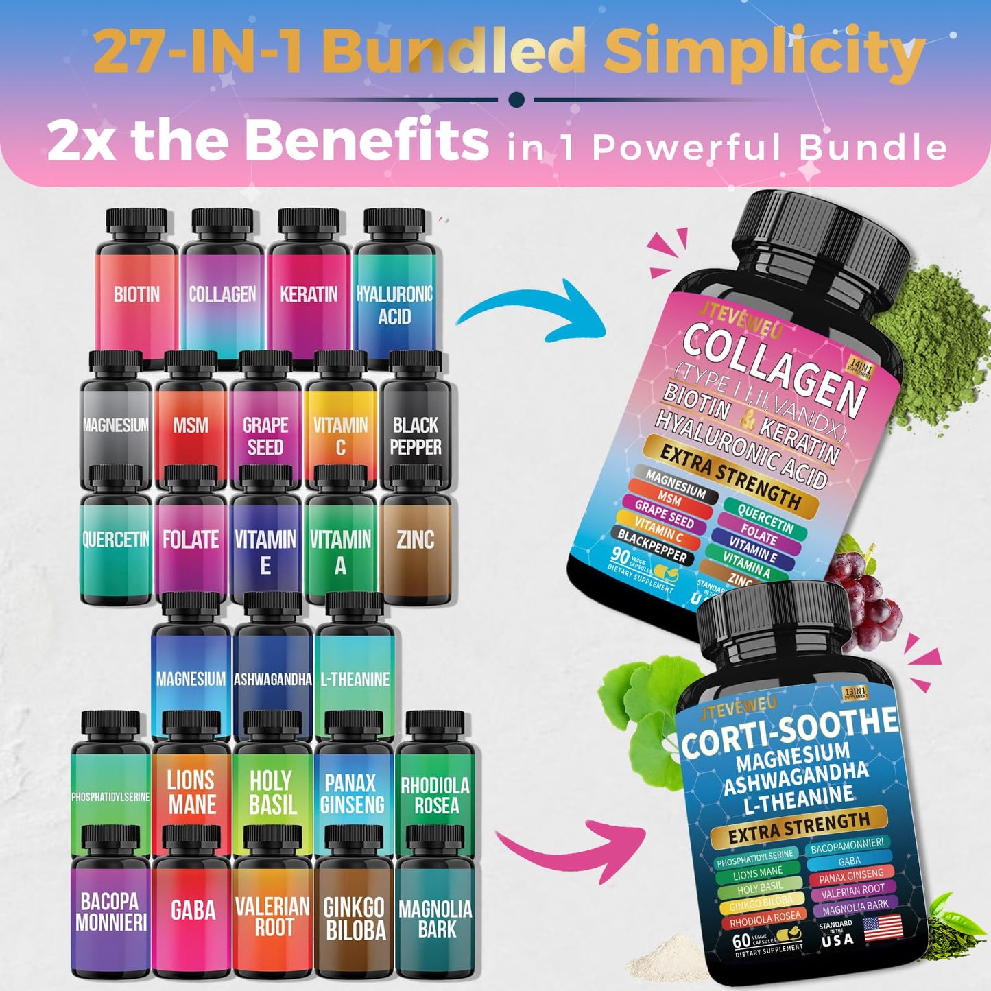 JTEVEweu Shining Serenity Set, Cortisol Support with Ashwagandha, L-Theanine, Magnesium, Lions Mane, GABA, Bacopa Monnieri, Collagen Biotin, Keratin, Hyaluronic Acid, Quercetin JTEVEweu buy supplements Au